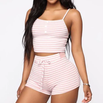 

Women's Striped Slim Pajamas Two piece Set Summer Sleeveless Crop Top Female Sleepwear Lace up Shorts Lady Home Clothes Suit