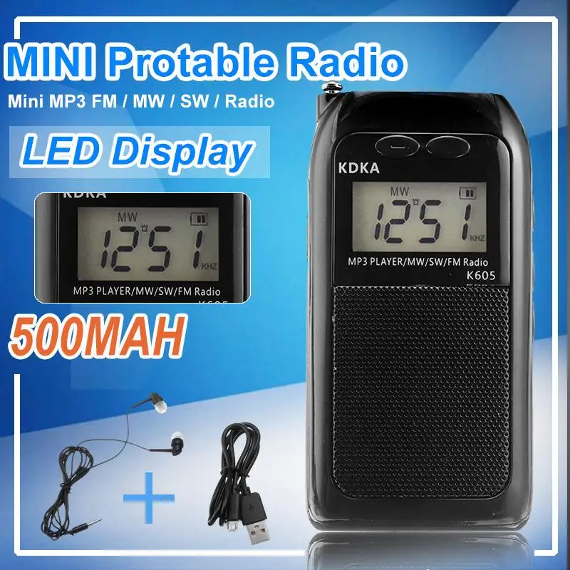 Портативное минирадио+ Наушники Цифровой FM MW SW светодиодный дисплей WAV MP3 музыкальный плеер с динамиком зарядка через usb аккумуляторная батарея