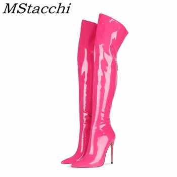 

Mstacchi Women Over The Knee Boots Patent Leather Solid Color Rear Zipper Fashion Design Madam Height Boots Zapatos De Mujer