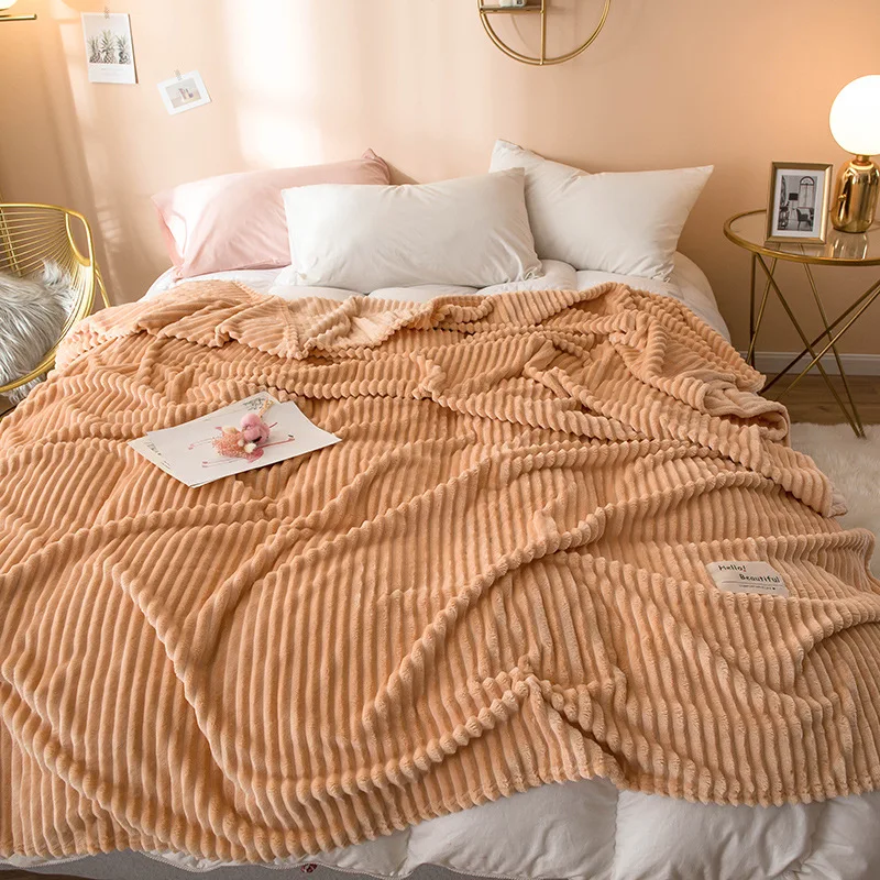 Autumn Winter Stripe Thicken Blanket Solid Color Soft Warm Coral Fleece Throw Flannel Sofa Bed Sheet Blankets- All Season - Цвет: brown