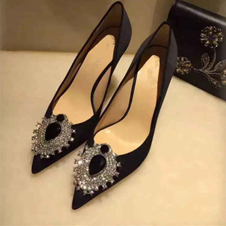 WEIQIAONA/Новинка года; фирменный дизайн; Роскошные туфли с украшением в виде кристаллов; большие размеры 33-42; женские шелковые свадебные модельные туфли с острым носком на высоком каблуке