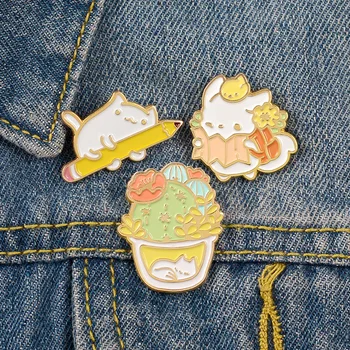 

Cute Cartoon Cat pencil Cactus Potted Brooch Enamel Pins Metal Broches for Men Women Badge Pines Metalicos Brosche Accessories