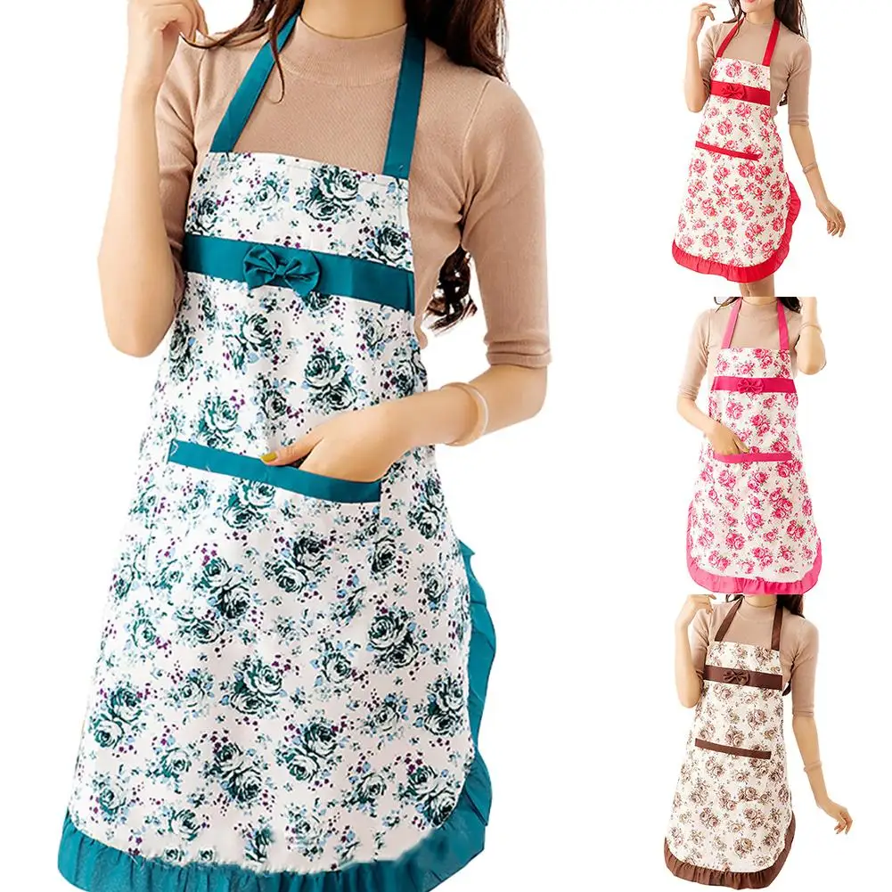 Women Floral Bowknot Waterproof Kitchen Restaurant Cooking Pocket Dress Apron