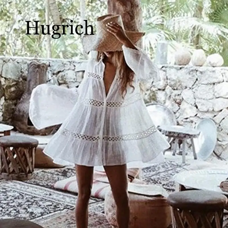 2020 Women Lace Crochet Solid Beach Cover Ups Sexy Summer Hot Long Female Bikini Beachwear Beach Dress Summer Bathing Suit