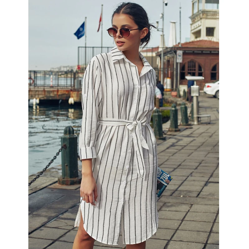 

Women Vintage Striped Printed Sashes A-line Party Dress Long Sleeve Turn Down Collar Elegant Casual Dress 2019 Autumn New Dress
