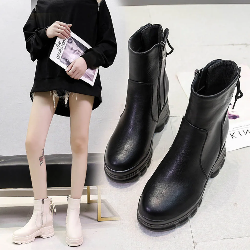 

womans winter boots 2019 Flock Black Fashion Shoes Marten Platforms Boot Winter Soft Footwear chaussures femmes automne hiver