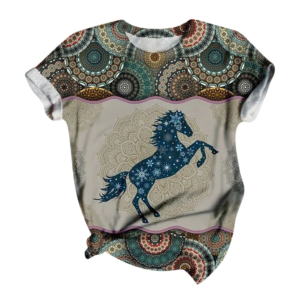 Женская футболка размера плюс с коротким рукавом и 3D принтом лошади топы круглым