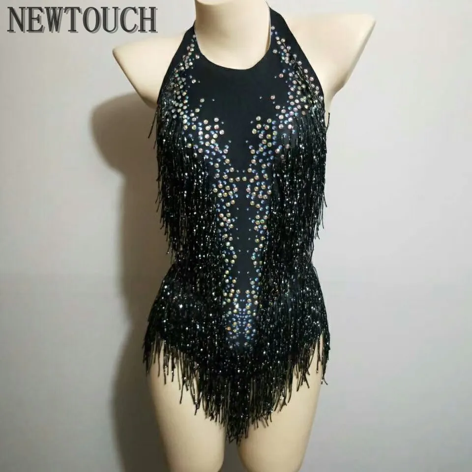 

Fashion Fringes Design Black Bodysuit Dance Costume Women's Performance Rhinestones Leotard Female Singer Dance Show clothing