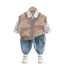 Otoño bebé niños ropa de primavera de los niños de algodón Chaleco de algodón pantalones de camisa a rayas 3 unids/set niño traje Casual de dibujos animados de niños chándales
