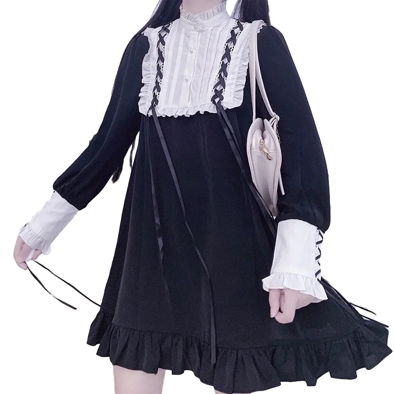 Black Dress Женское платье в готическом стиле Kawaii, Лолита, милое винтажное кружевное платье принцессы с длинными рукавами, японское милое платье с рюшами для девочек-подростков, черное платье - Цвет: Black Dress