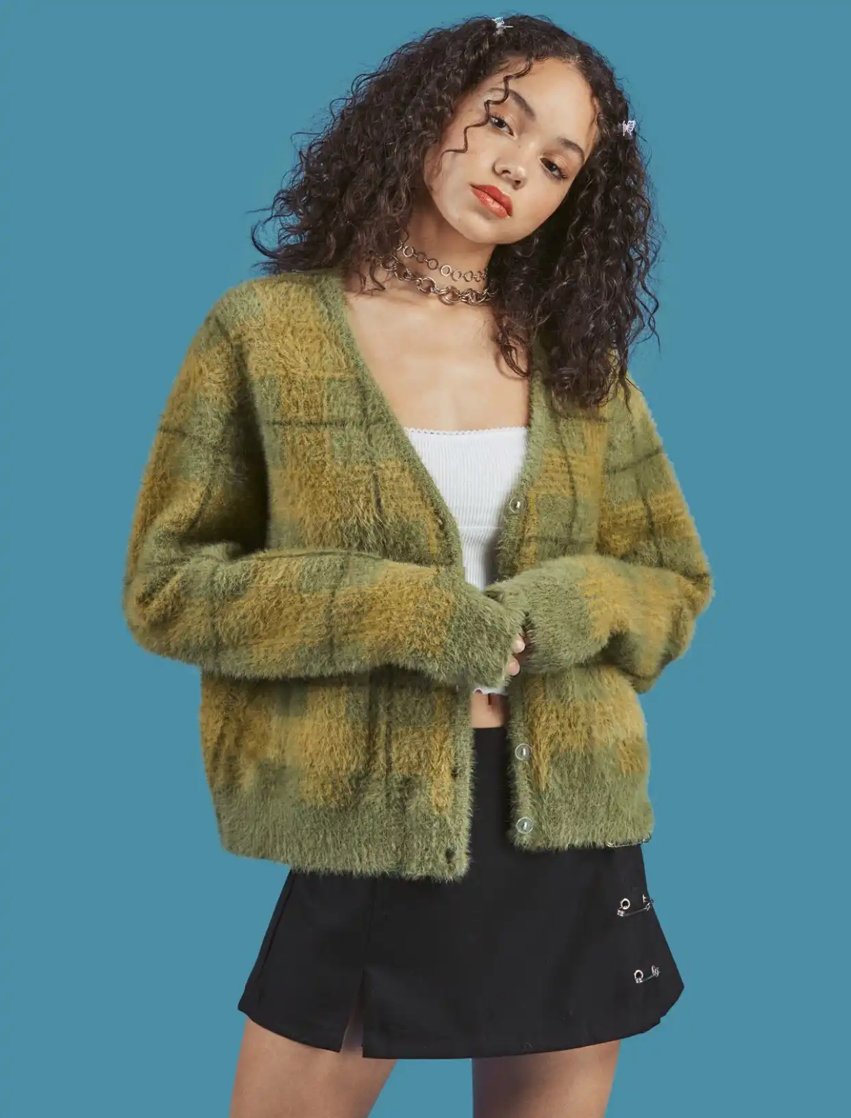 fuzzy green cardigan