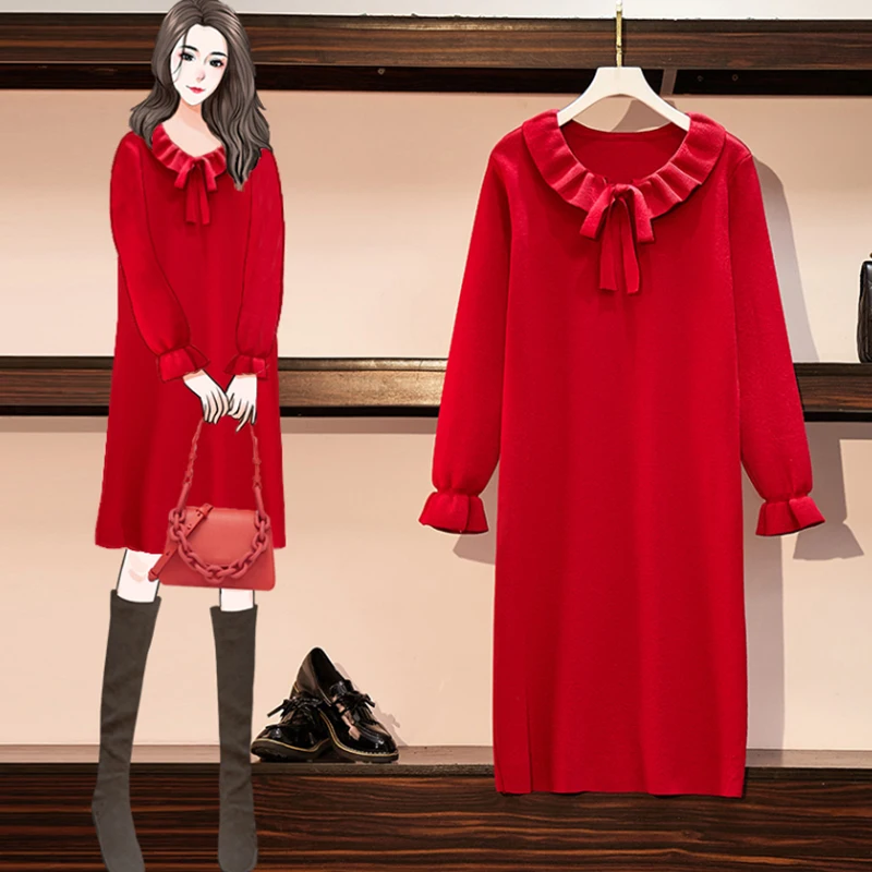 

EHQAXIN Womens Knitted Dresses Autumn Winter Sweet Lotus Leaf Collar Loose Straight Sweater Dress Lazy Style M-4XL