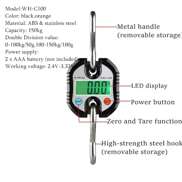 DB USA Digital Crane Scale, DCS-ER1000lb / 500kg High Precision Compact Hanging Scale LED Display