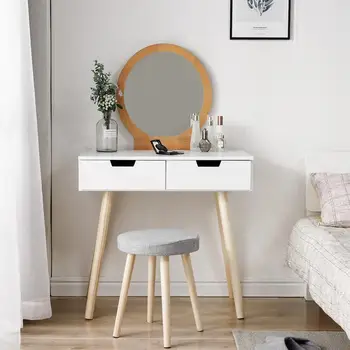 

Simple Dresser Table Mirror With Chair Set Vanity Table Makeup Stool Wooden 2 Drawers Modern Mesa Assembly Bedroom Furniture HWC