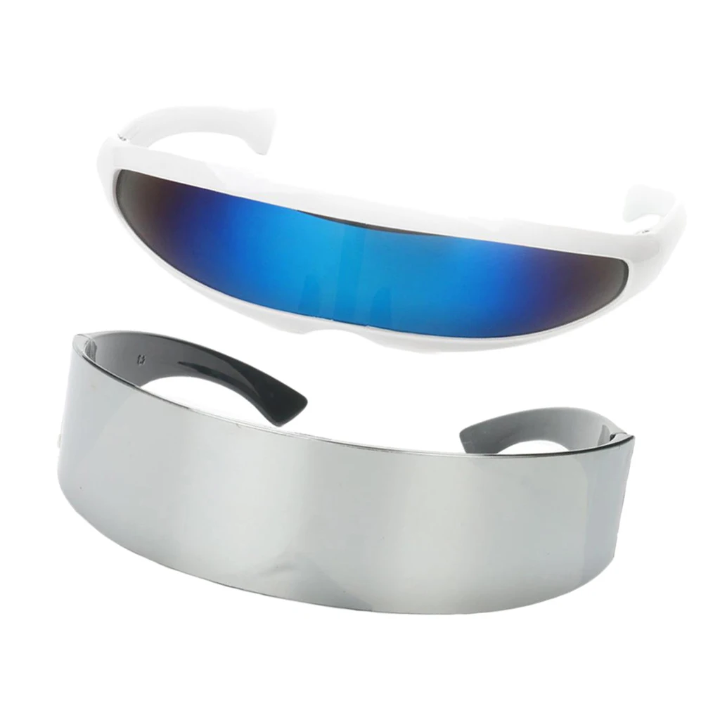 2 Pieces Futuristic Shield Sunglasses Monoblock Cyclop Eyewear Silver & Blue for birthday cosplay party unisex adults and kids