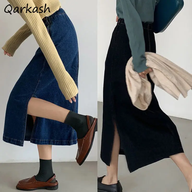 

Denim Skirts Women Mid-calf Fashion Empire Side Slit All-match Simple Design Clothes Vintage Daily Ulzzang Tender Basic Soft Ins