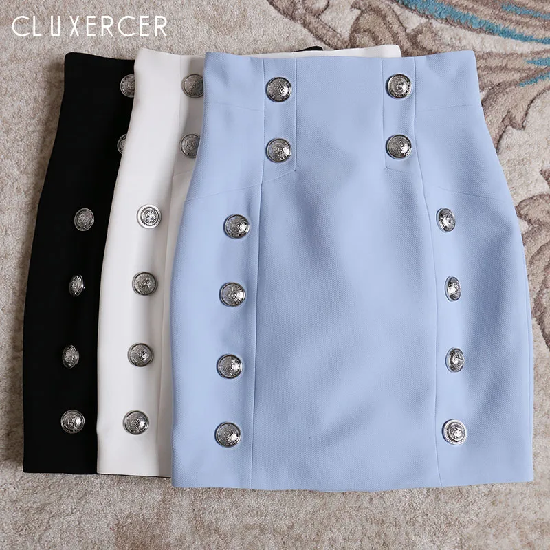 

Fashion Elegant Women Ladies Autumn Skirts High Waist Double-Breasted Solid Office Pencil Mini Skirts