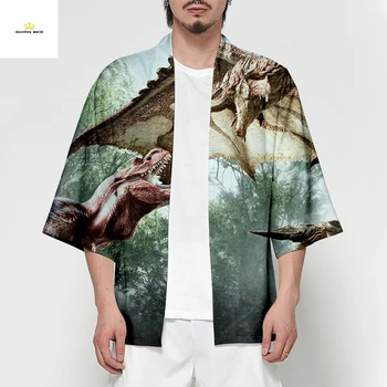 

Monster Hunter World kimono jacket Japanese Samurai Costume Clothing Summer dinosaur Print Loose Shirt Streetwear Woman Man