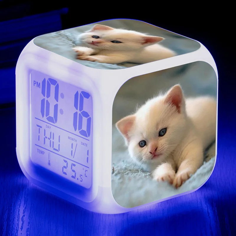 Very Beautiful Pet Cat Alarm Clock 7 Color Glowing LED Digital Alarm