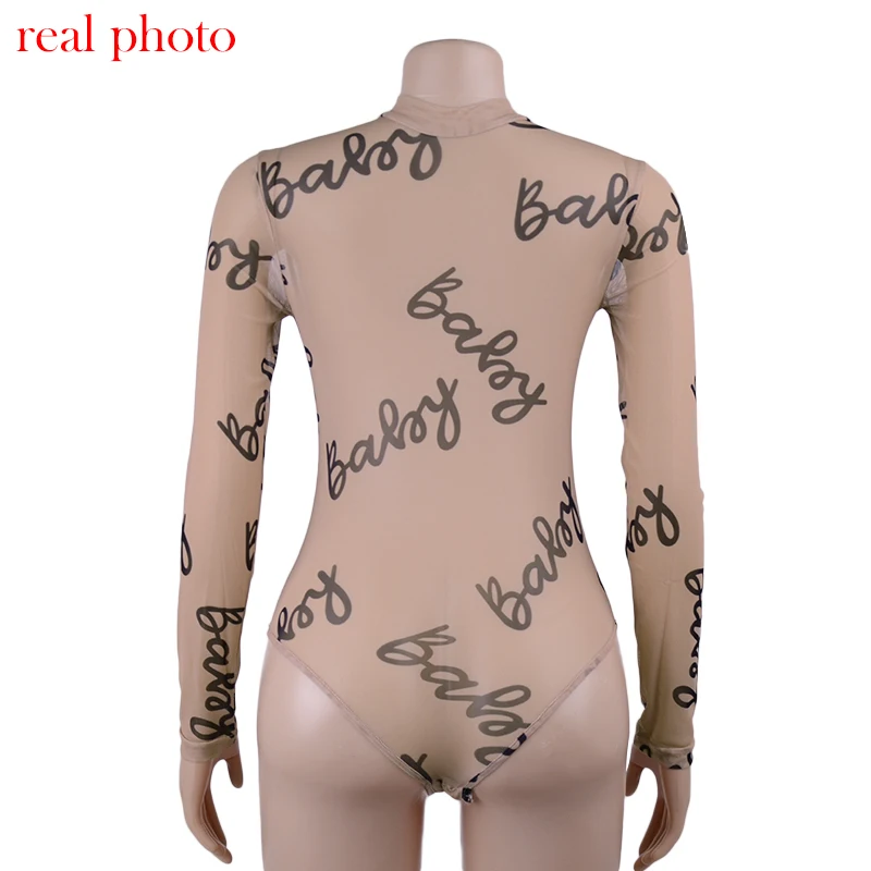 Cryptographic Transparent Mesh Bodysuit Bodycon Sexy Jumpsuits Slim Long Sleeve Women Tops Letter Print Fashion Body Clothes bodysuit top