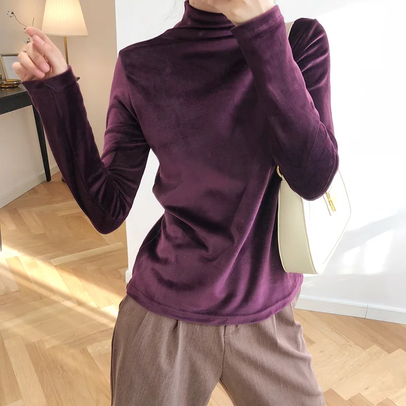 

women long sleeve shirt Velvet bottoming shirt women's autumn and winter new velvet half-high collar inside top warm slim