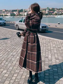 

Retro Plaid Woolen Coat Female 2019 Autumn and Winter New Korean Fashion Loose Long Windbreaker Thickening Overcoat Ladies f2236