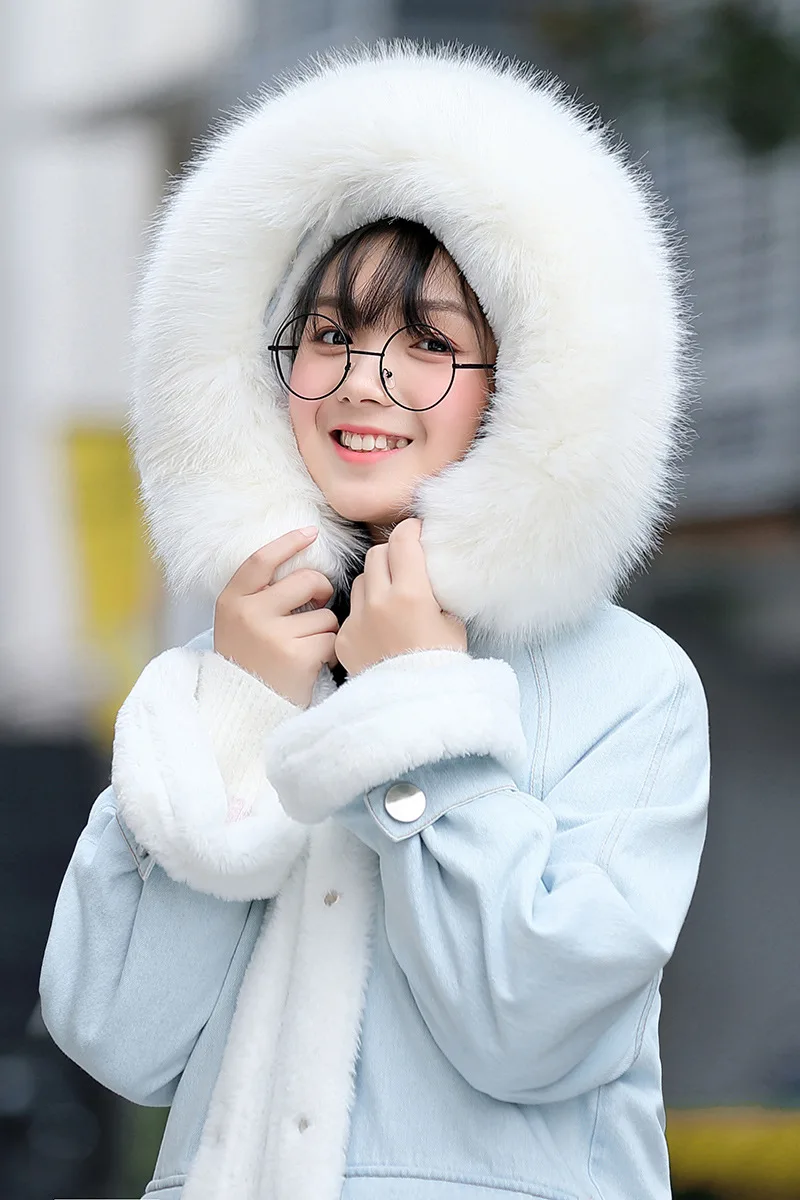 

Winter Large Fur Collar Cotton-padded Clothes plus Velvet Thick Warm Jeans Coat 1977078