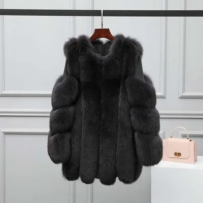 Женское пальто из натурального меха лисы, куртка из натурального меха, Осеннее зимнее теплое пальто, женская длинная одежда с рукавами - Цвет: Dark Grey  Long