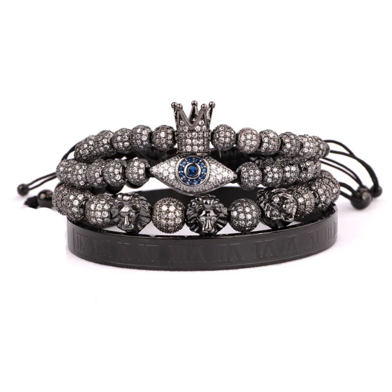 

Drop Shipping Luxury Men Bracelet Set CZ Micro Pave Ball Crown Eye Lion Charms Stainless Steel Beads Bangle Bracelet Men Jewelry
