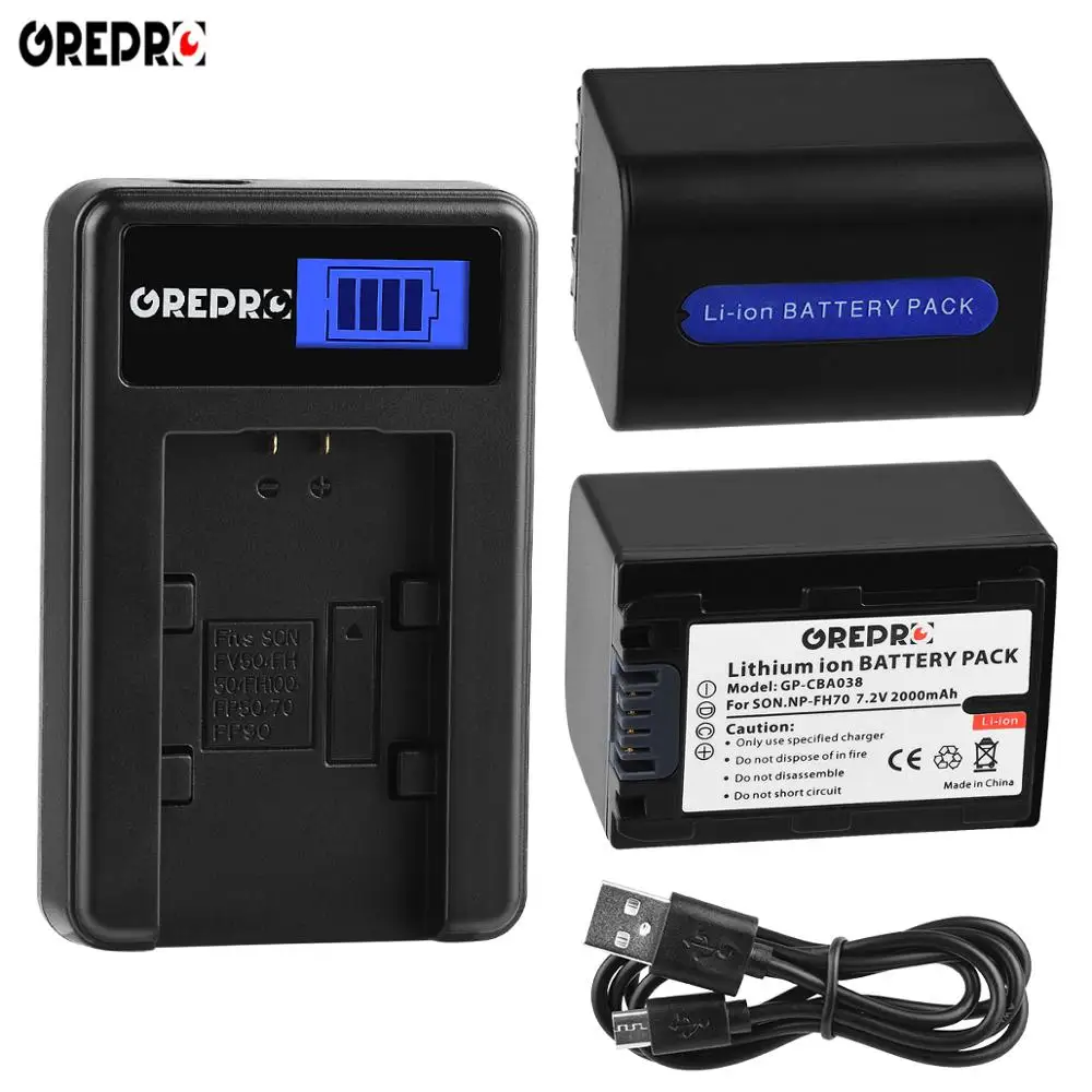 GREPRO 2000 мАч NP-FH70 NP FH70 литий-ионный аккумулятор+ ЖК-Зарядное устройство USB для sony DCR-SX60 TG1 TG3 TG5V HDR-UX7E UX7 UX5E камера - Цвет: 2B with charger