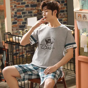 

Leisure 2020 Summer Men Cotton Pajamas Short Sleeve Male Pajama Set Men Sleepwear Suit Casual Bottom Homewear Clothing Nightwear