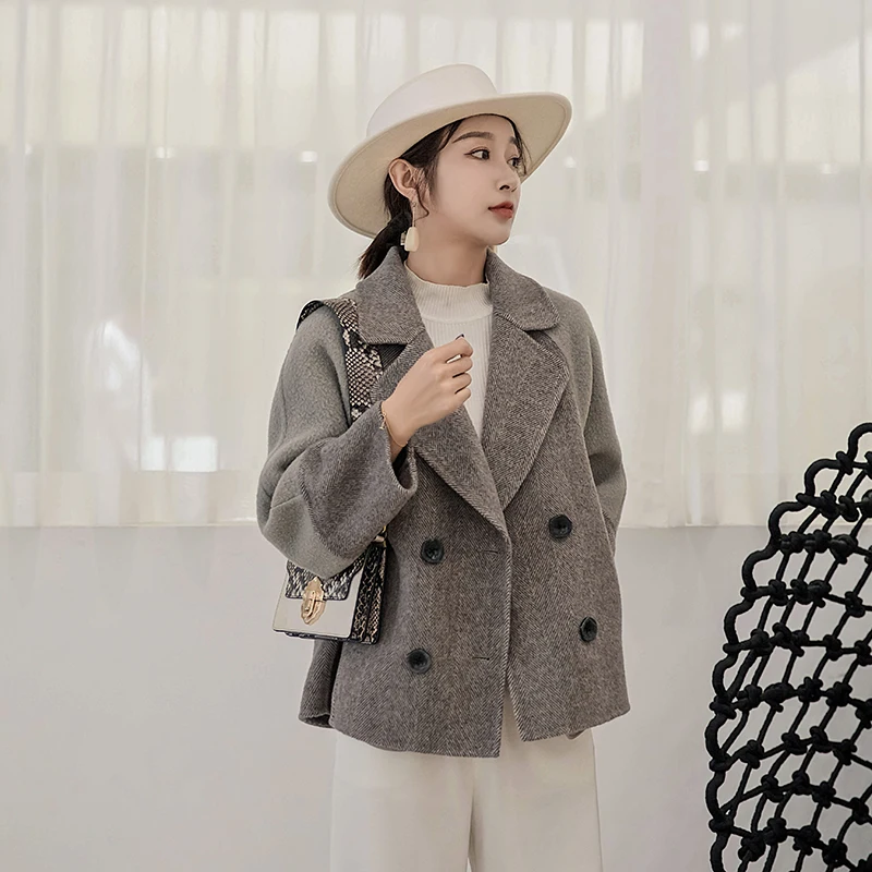 

Double Breasted Wool Coat Women Short Alpaca Oversized Coat Korean Wool Jacket Spring Autumn Handmade Overcoat ZHJ5055 KJ4062