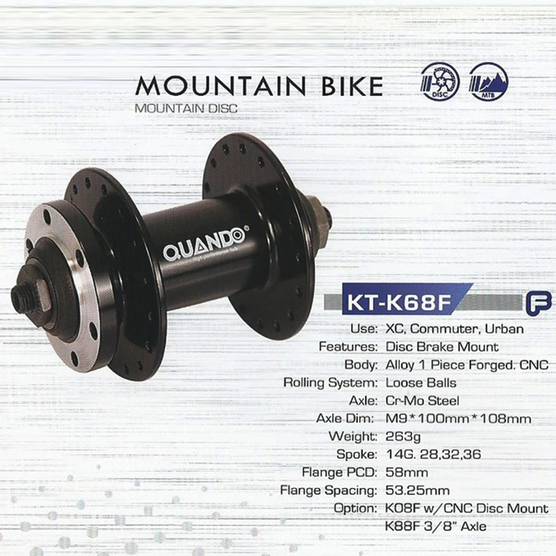 QUANDO концентратор KT-K68R KT-K68F дисковые карты тормоза MTB горный велосипед ступицы подшипника велосипеда 24 28 32 36 отверстия 24h 28h 32h 36h 4 цвета
