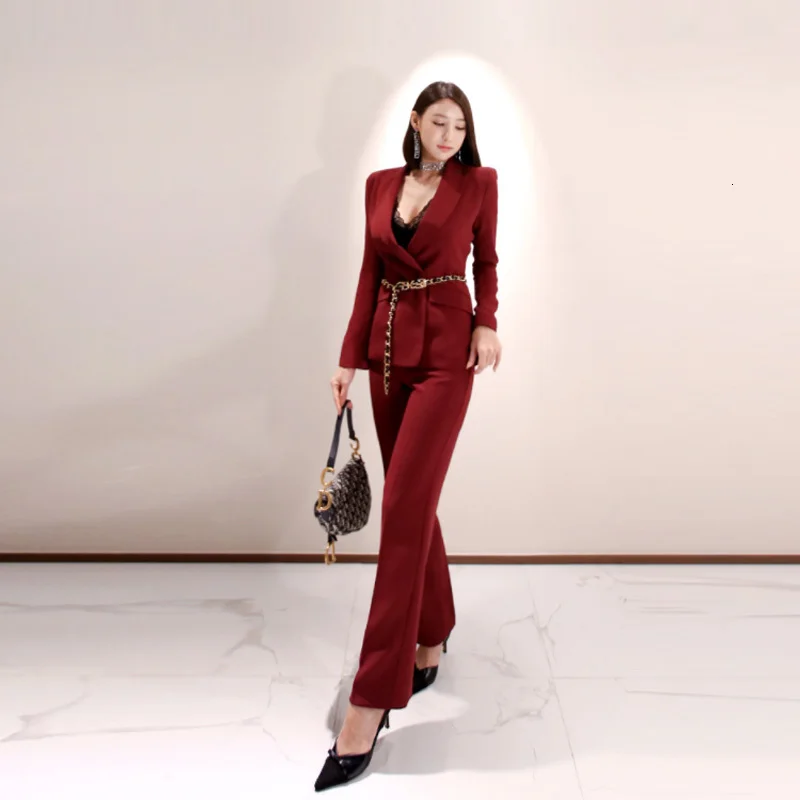Модные офисные женские женский комплект 2 шт. брюки костюмы осень зима элегантный двубортный Красный Блейзер Топ+ брюки с высокой талией комплект