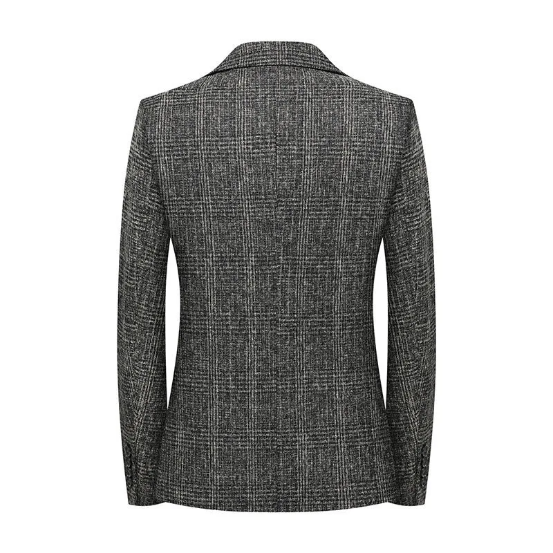 2019 Coffee Grey Plaid Men Blazer Smart Casual Double Button Blazer Jacket Slim Fit Fashion Business Suit Male Costume Coat