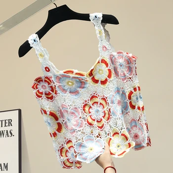 

High-quality Spring 2020 Women's Tops Three-dimensional Flowers Were Thin and Beautiful Back Sling Net Red Explosion Vest Tops