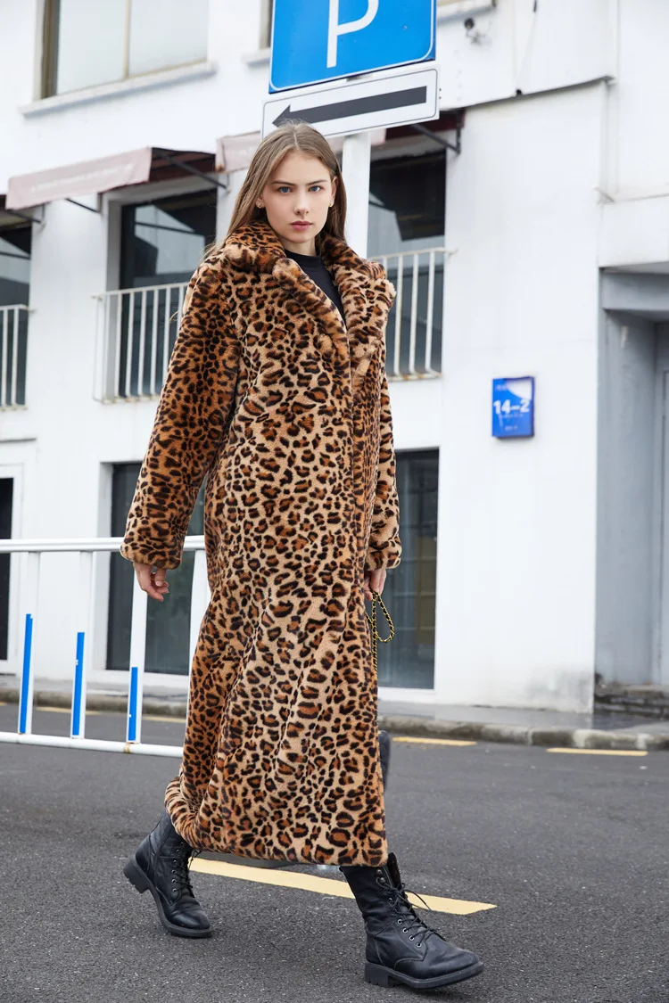 ZADORIN High Street Leopard Print Long Faux Fur Coat Fuzzy Jacket for Women Winter Faux Rabbit Fur Plush Coats and Jackets maxi puffer coat