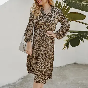 

Leopard Lantern Sleeve Mid Calf Shirt Dress for Women Long Sleeve O-Neck High Waist Sundress Party Dress Ladies Dresses #20