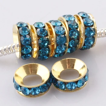 

100pcs Peacock Blue Rhinestone Crystal Gold Color Metal Spacer Large Hole Charms Beads For Making Jewelry European Bracelet