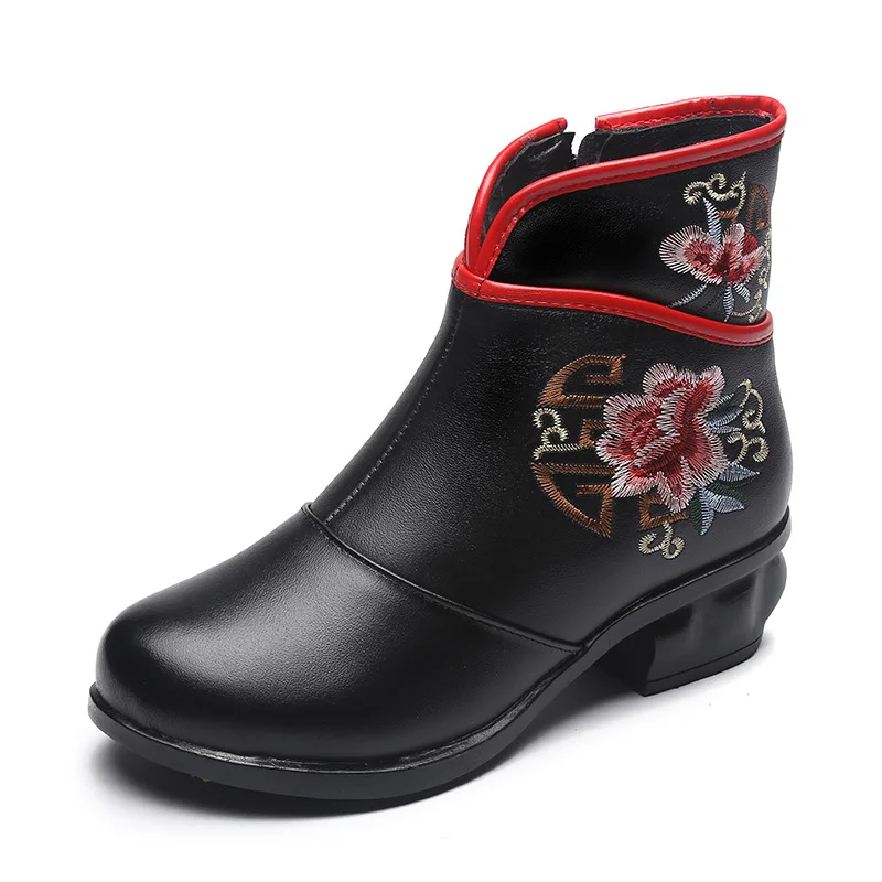 New Retro national style middle and old age Embroidered Flower thick heel medium heel Martin Short Boots cowhide women's Boots
