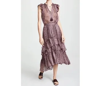 

2020 New Women Silk Summer Blouse Flower Print Short Ruffle Sleeve V Neck Gold Line Luxurious Layered Shirt top With Tassel