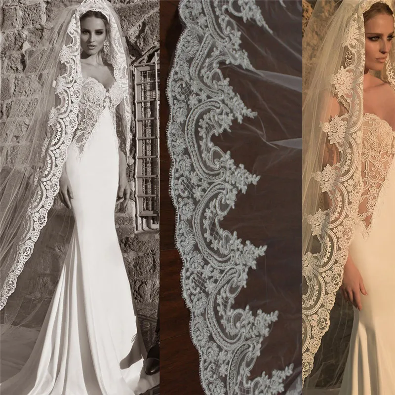 2019 Long Cathedral Wedding Veil Lace Appliqued Edge 3*1.5M Length One Layer Bridal Veil With Comb 2019 Long Cathedral Wedding Veil Lace Appliqued Edge 3*1.5M Length One Layer Bridal Veil With Comb