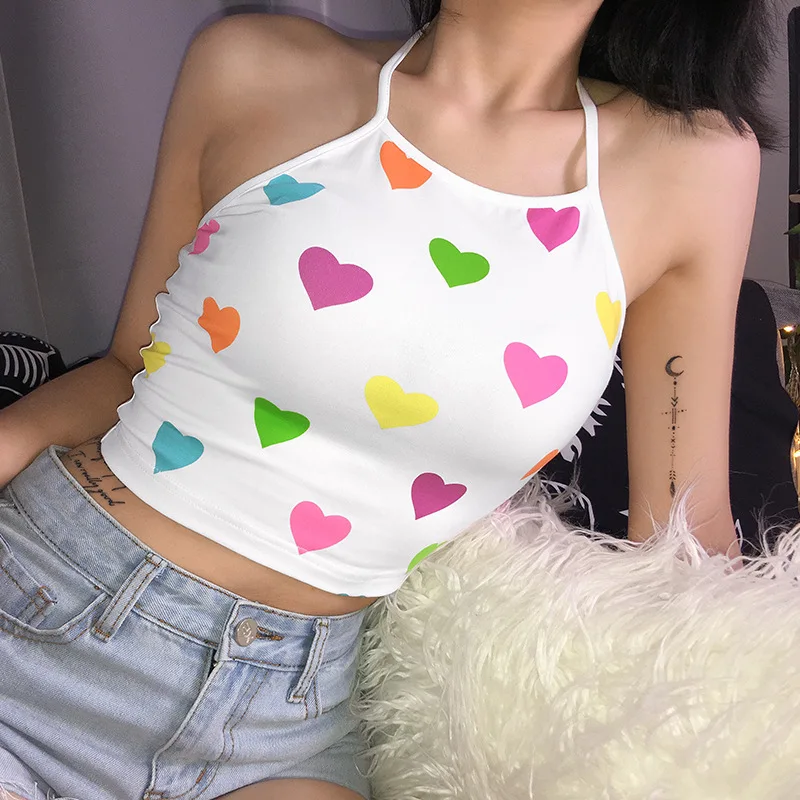 Bandage Crop Top Women New Heart Printed Kavaii Women Camis Sexy Bandage Women Tanks Top Fashion Underwear Streetwear New