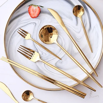 

11pcs Stainless Steel Cutlery Set Reusable Gold Luxury Western Knife Fork Spoon Metal Tableware Set Dinner Dinnerware Set MM60CJ