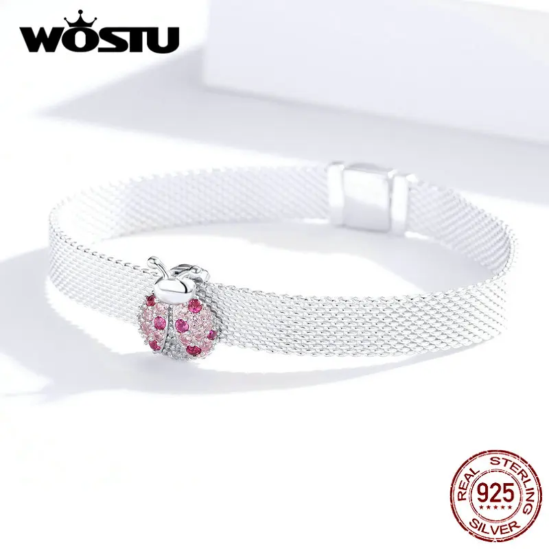 WOSTU 925 пробы серебряные бусины «божья коровка» розовый Циркон Шарм Подходит браслет и браслеты хорошее серебро 925 ювелирные изделия BKX104