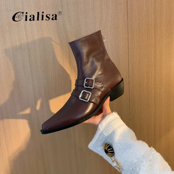 

CIALISA Women Shoes Autumn Winter Genuine Leather Thick Specail Retro Punk Round Toe Ankle High Boots Women