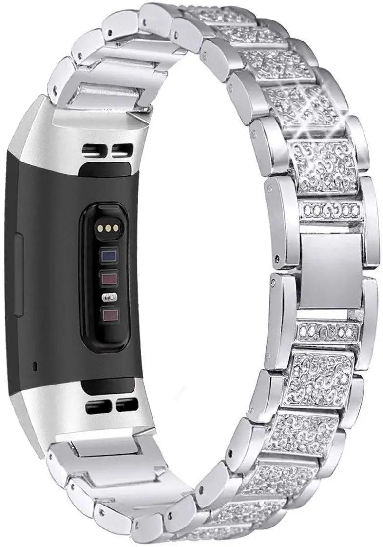 Браслет JANSIN с бриллиантами для Fitbit Charge 3, женский ремешок из нержавеющей стали, браслет на запястье для fitbit charge 2, аксессуары - Цвет ремешка: silver