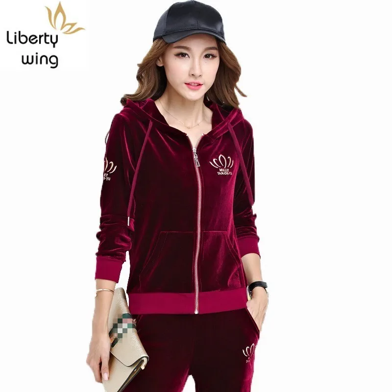 

Spring Autumn Gold Velvet Women High Quality Womens Sports Sets Embroidery Hooded Sweater Jacket Coat & Trousers 2pcs Lady