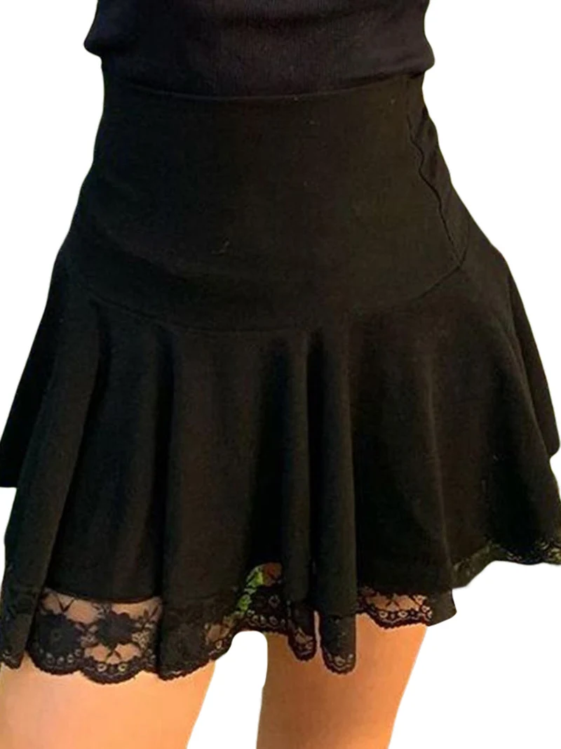 A-line skirt gothic black lace edge high waist pleated punk style vintage party mini clubwear