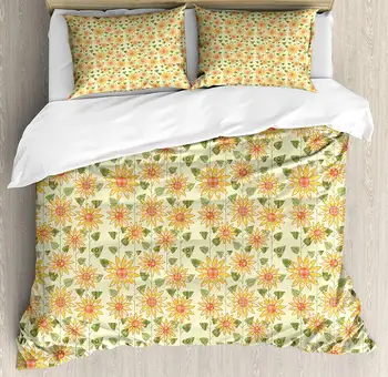 

Sunflower Duvet Cover Set Floral Nature Pattern in Patchwork Style Rustic Country Design Decorative 3 Piece Bedding Set